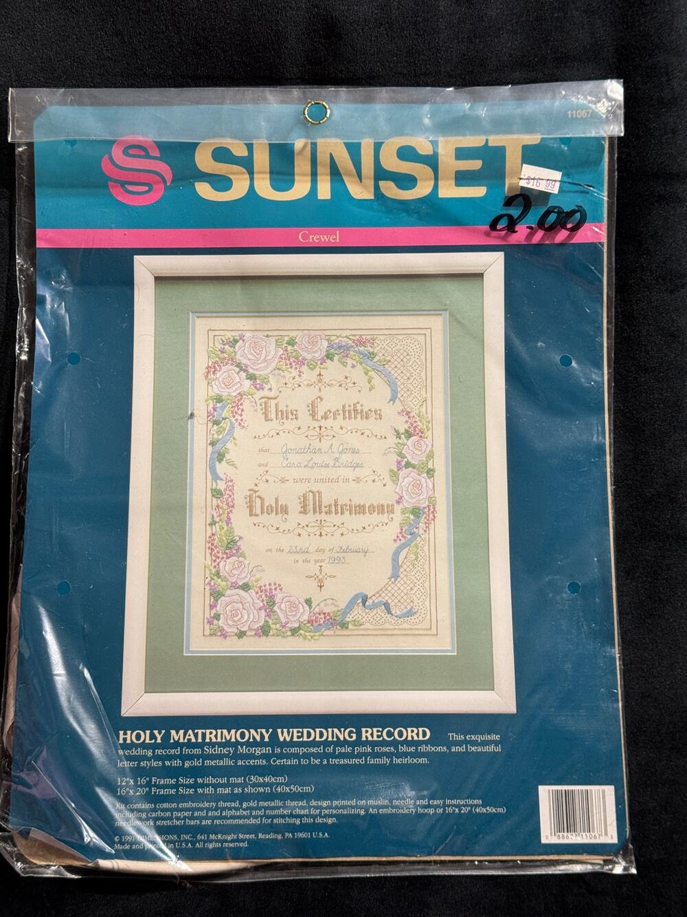 Sunset Crewel HOLY MATRIMONY WEDDING RECORD Kit (Sidney Morgan) 1991